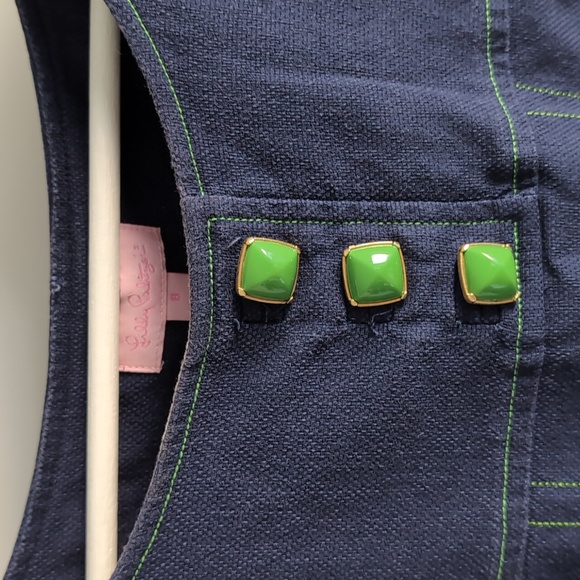 Lilly Pulitzer Navy Cap Sleeve Jewel Button Green Windowpane Stitched Dress - Picture 2 of 8